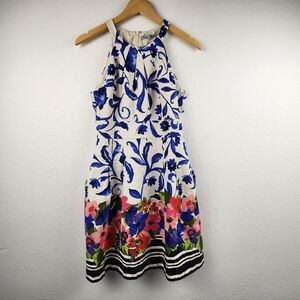 Eliza J Blue Floral Fit Flare Dress 6 Sleeveless Midi Feminine Cotton